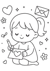 coloring book girl writing a heartfelt Valentine card, concentrating on a loving message.