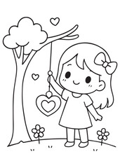 coloring book girl hanging a heart ornament on a tree branch in a lovely outdoor scene.