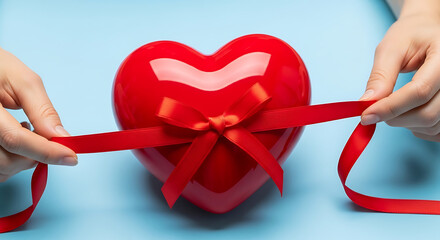 A woman's hands tying a decorative red ribbon bow around a shiny heart, symbolizing a gift of love, care, or charity on a blue background