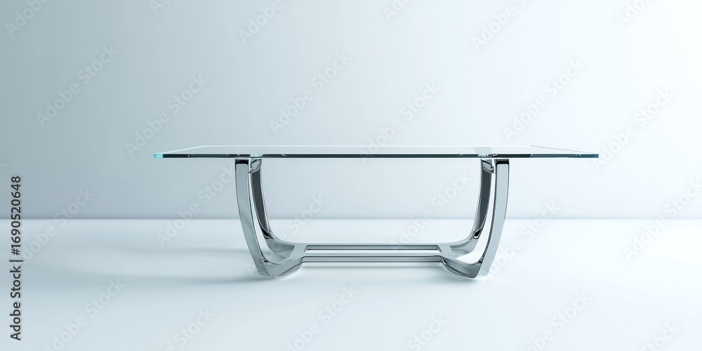 Poster a sleek, modern coffee table with a glass top and a polished chrome frame rests on a white surface. 