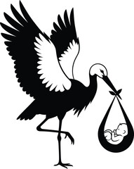 PrintFlying stork carrying newborn baby in cloth bundle, black and white silhouette vector illustration symbolizing birth, family, motherhood, parenthood, 