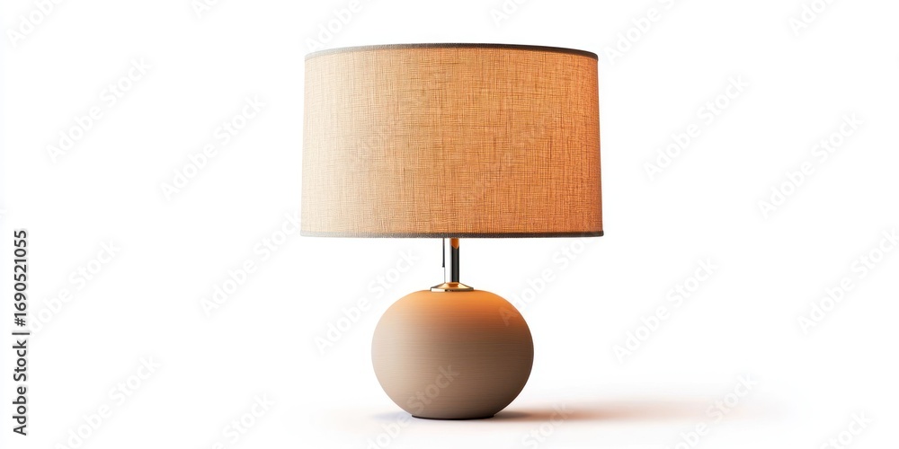 Poster a modern table lamp stands on a white surface. the lamp features a rounded base and a tan lampshade.