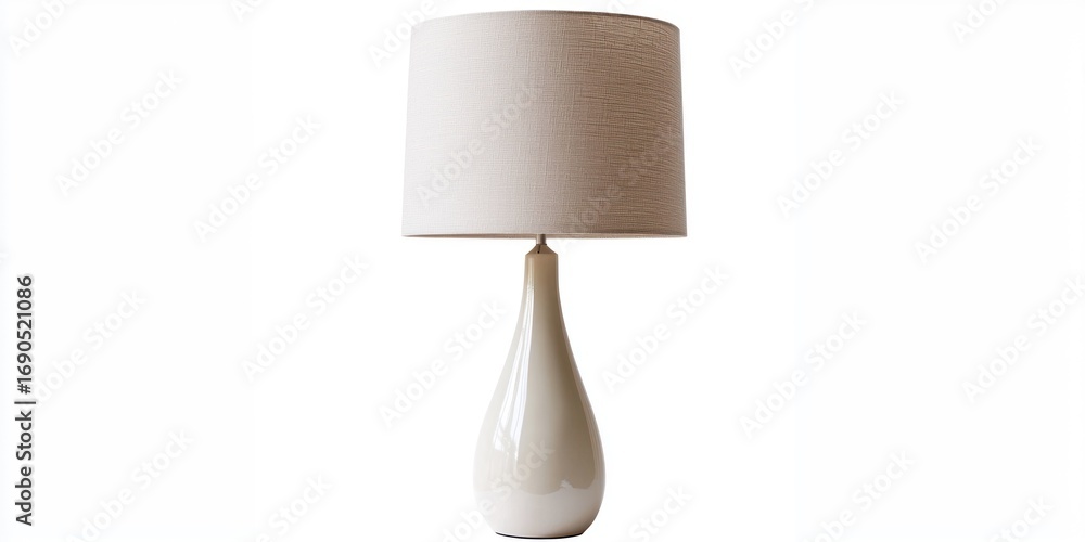 Poster a ceramic table lamp stands on a white surface. the lamp has a pear-shaped base and a drum-shaped sh