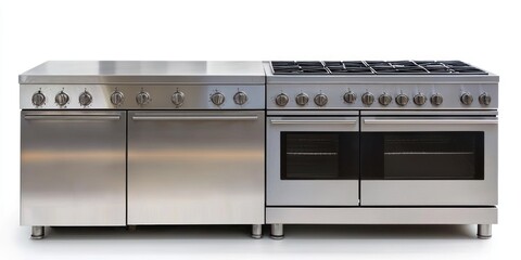 Fototapeta premium A large, stainless steel range hood and oven combination is displayed against a stark white background. The appliance features a wide, flat top with multiple burners and a large oven door.