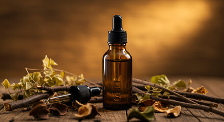 Aromatherapy bottle on wooden background with branches and dried leaves