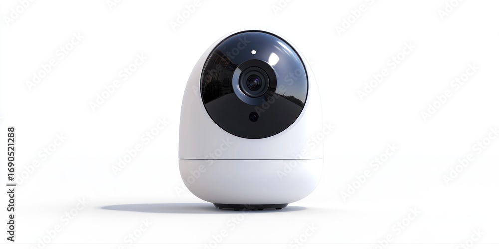 Poster a white and gray security camera sits on a white surface. the camera has a rounded shape and a wide-