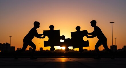 Two figures connect large puzzle pieces against a vibrant sunset, symbolizing teamwork and collaboration.