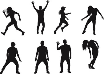 PrintSilhouette vector illustration of dancing people in various hip hop, street dance, and modern poses, isolated b