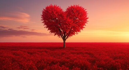 A tree with red leaves shaped like a heart stands in a field at sunset.