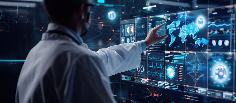 Tech-Savvy Professional in Digital World: A scientist in a lab coat, interacts with a cutting-edge digital interface, surrounded by glowing displays of data, and complex algorithms.