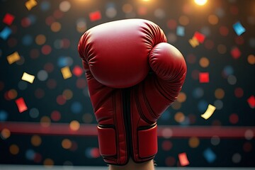 Boxing glove raised in victory with confetti falling
