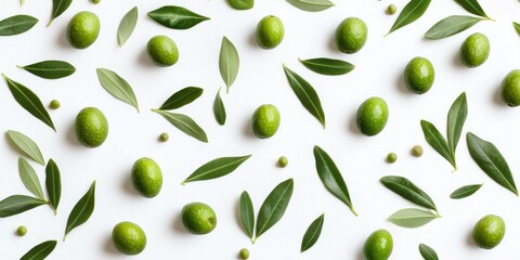 A flat lay composition featuring a dense arrangement of fresh green olives and olive leaves scattered across a white surface. 