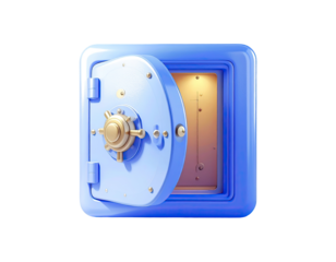 Light-blue square safe, open door, golden hardware