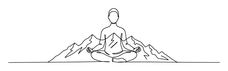 Meditating Person Mountain Range Line Art Vector
