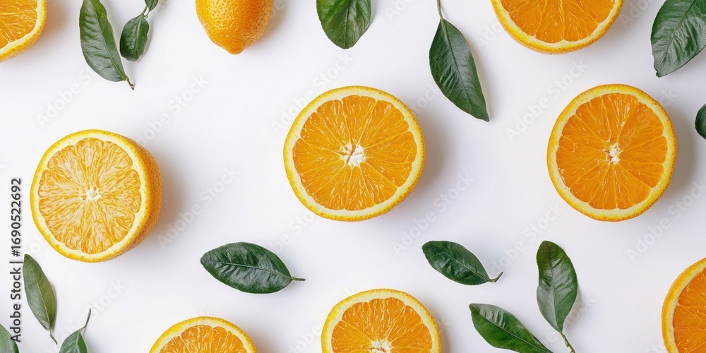 Poster a flat lay composition featuring several sliced oranges and lemons arranged on a white surface. the 