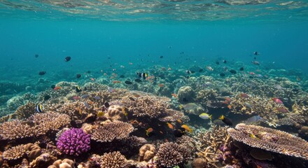 Obraz premium Underwater view showcasing a vibrant coral reef ecosystem teeming with diverse fish.