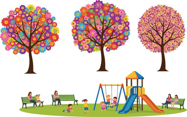 Children playing in colorful playground under vibrant flowering trees, families relaxing on benches, outdoor fun, spring park, community gathering, nature, kids
