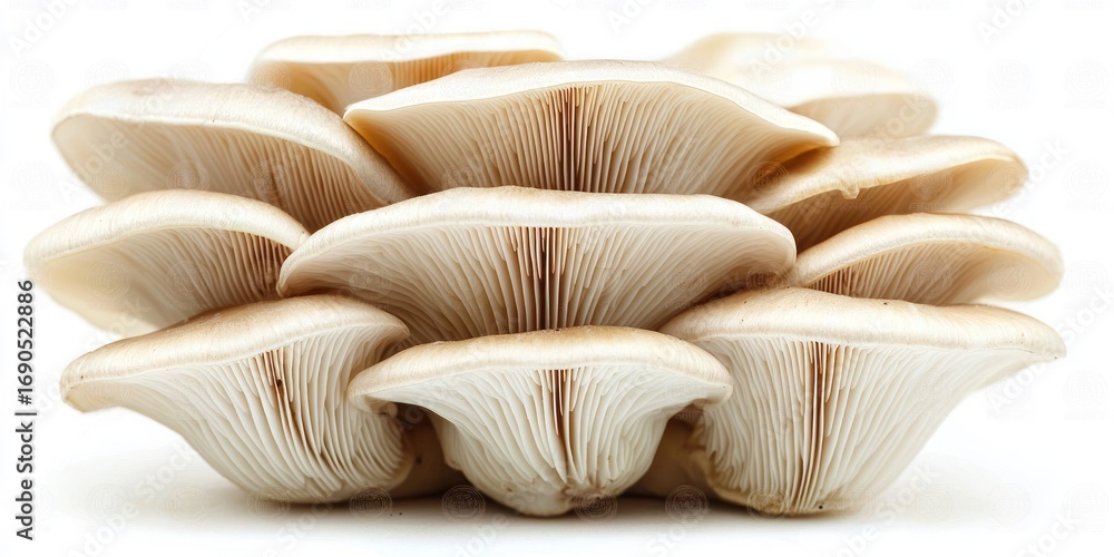Poster a cluster of fresh oyster mushrooms is arranged on a white surface. the mushrooms have a creamy whit