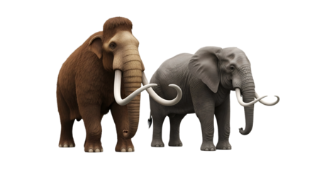 Comparison of a woolly mammoth and a modern African elephant, highlighting their distinct features and evolutionary relationship