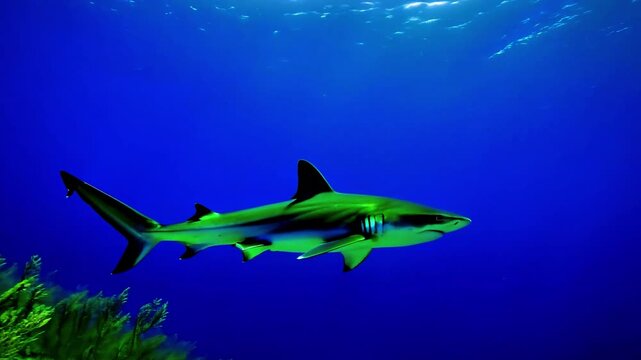A large shark swimming in the deep blue ocean past green coral. A powerful marine predator representing wildlife danger survival and the vastness of the underwater world. Animal, fish, wild, life, dee