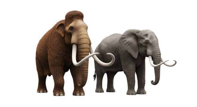 Comparison of a woolly mammoth and a modern African elephant, highlighting their distinct features and evolutionary relationship