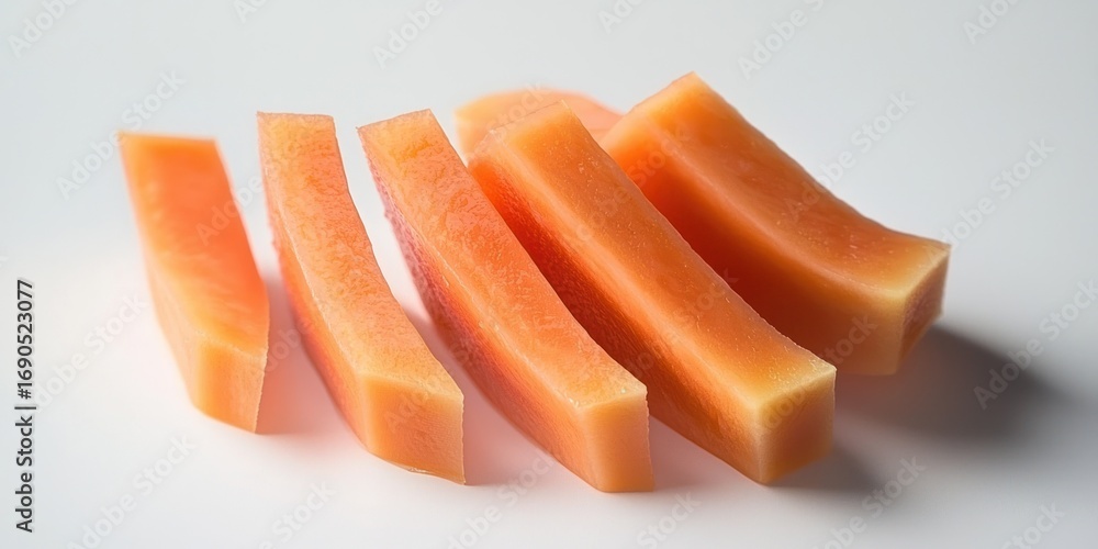 Poster five slices of orange carrot are arranged in a row on a white surface. the carrots are cut into rect