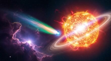 Obraz premium A vibrant cosmic collision depicts a comet hurtling towards a blazing star system, surrounded by swirling nebulae and rings.