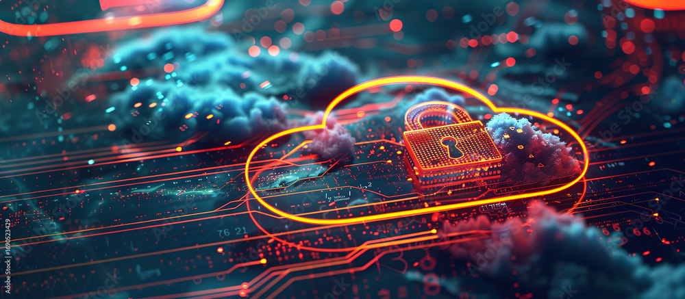 Poster secure cloud data: illustrating the security and protection of cloud data, with a glowing lock super