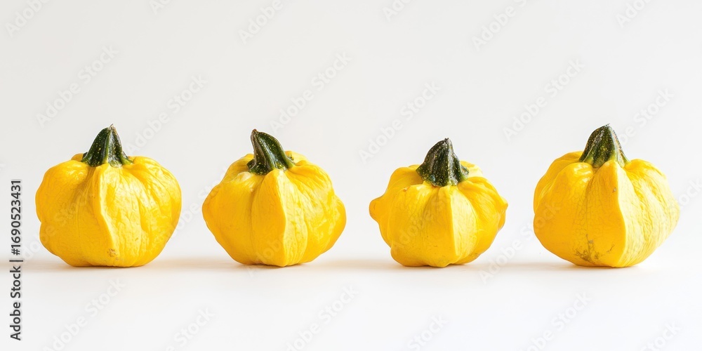 Poster four small, yellow gourds are arranged in a row on a white surface. each gourd has a rounded shape, 