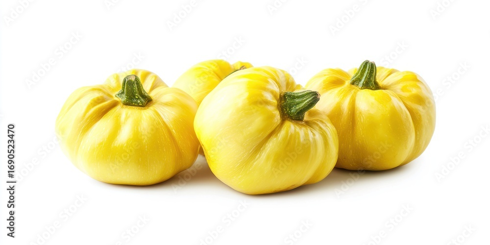 Poster three small, yellow pumpkins are arranged in a row on a white surface. each pumpkin has a slightly b