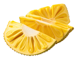 Sliced jackfruit, vibrant yellow flesh, radiating segments