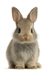 Fototapeta premium A fluffy, grey-brown rabbit sits upright, looking forward with bright, dark eyes. Its long ears are perked. Isolated on a white background