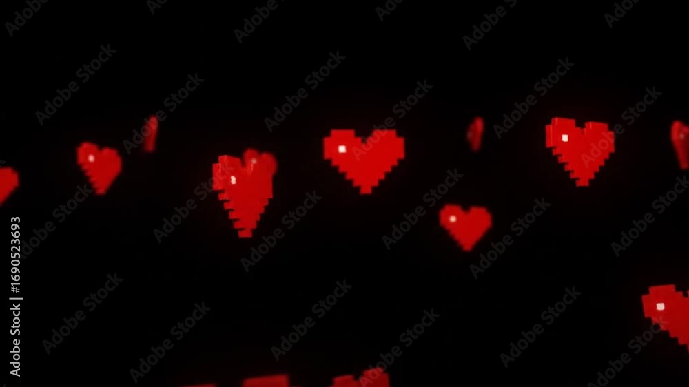 Poster pixel hearts floating upward in dark space slow motion animation