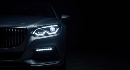 Sleek silver sedan's illuminated headlights shine brightly in the dark, showcasing its modern design and powerful presence.