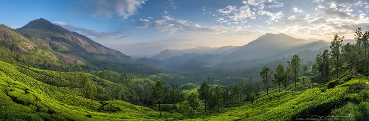 Sunlight breaks through clouds illuminating rolling green hills and distant mountain peaks, creating a serene and majestic landscape view.