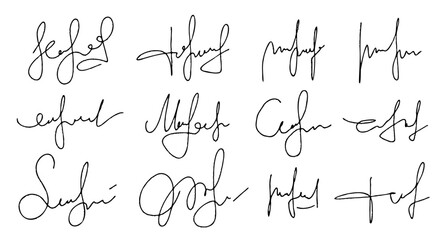 Hand drawn signatures set. Manual autographs for business documents. Vector textured calligraphy sketch scribble