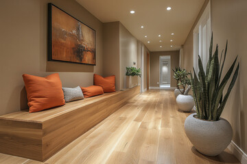 Plant on bench in hallway.