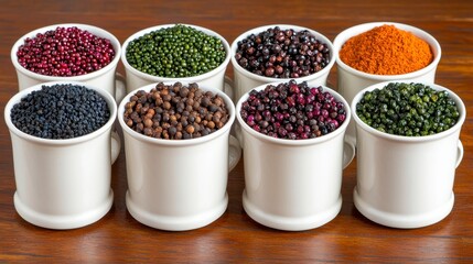 Colorful Dried Legumes and Spices in White Bowls on Wood, Generative AI