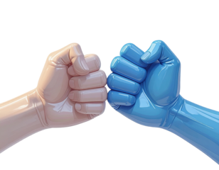 Two fists, light peach and glossy blue, meet in a stylized, three-dimensional, close-up graphic