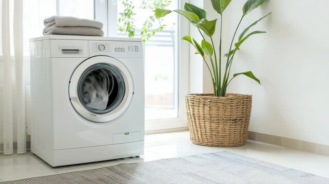 Washing machine and laundry appliance with folded towels on top in bright home laundry room featuring plant near large window
