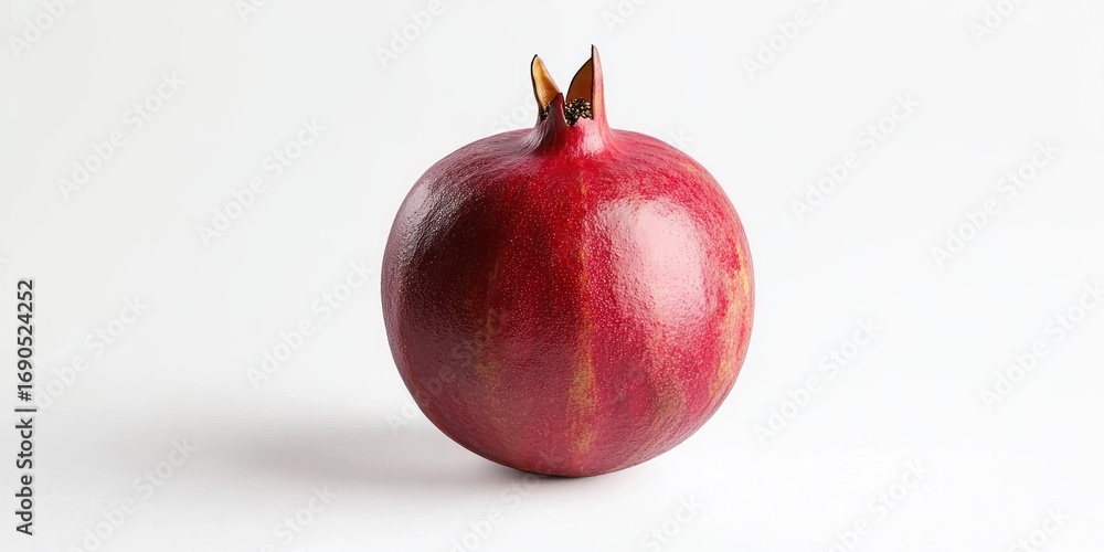Poster a ripe pomegranate sits on a white surface, illuminated by a dark background. the pomegranate is a d