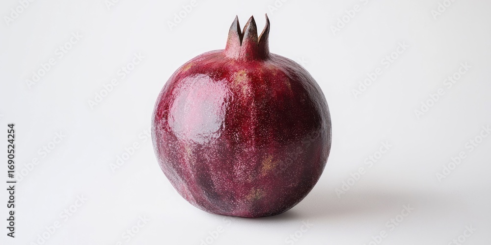 Poster A ripe pomegranate sits on a white surface, illuminated by soft light. The pomegranate is a deep burgundy color with subtle variations in shade. Its skin has a textured surface