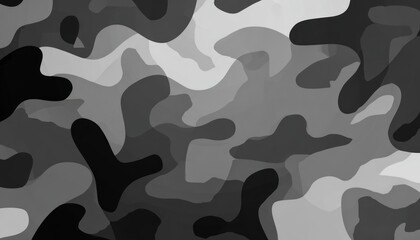 Abstract monochrome fluid shapes create a camouflage pattern. Layered, organic forms interlock in varying grayscale tones for a dynamic, textured effect