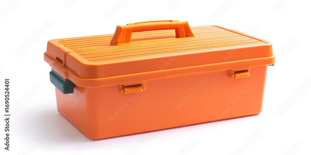 Poster an orange plastic toolbox sits on a white surface. the toolbox has a handle and a hinged lid with a 