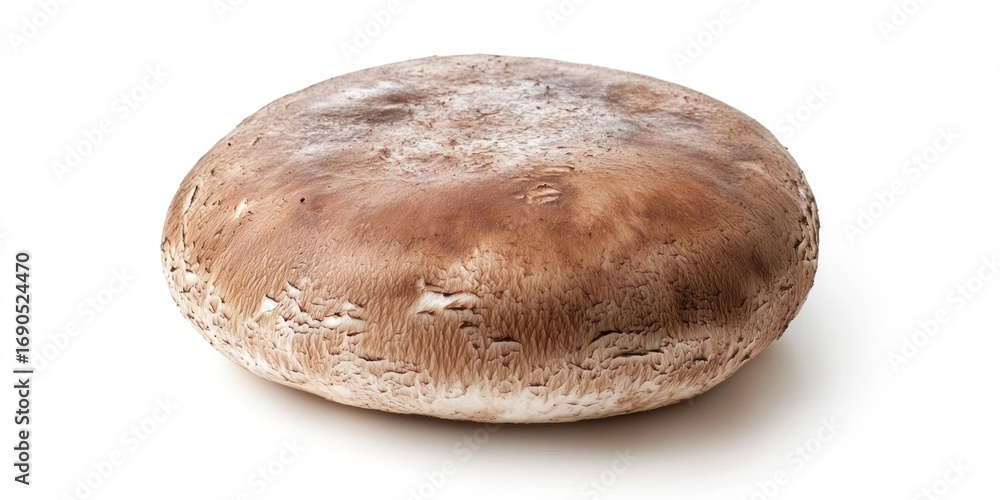 Poster a single, large brown mushroom sits on a white surface. the mushroom has a rounded cap with a slight
