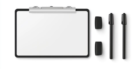 A white clipboard with a silver clip is placed on a white surface. Two black pens are positioned to the right of the clipboard. The clipboard has a blank white writing surface. 