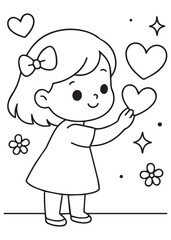 coloring book girl placing heart decorations on a wall or branch, preparing Valentine 