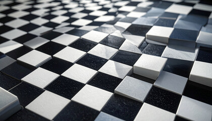 Abstract checkered pattern featuring raised white squares in a tiled floor
