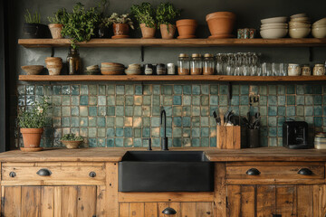 Fototapeta premium Wooden cabinet with open doors next to a stainless steel sink in a kitchen.