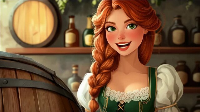 A woman with red hair and a green dress is smiling. She is standing in front of a wooden barrel - Powered by Adobe